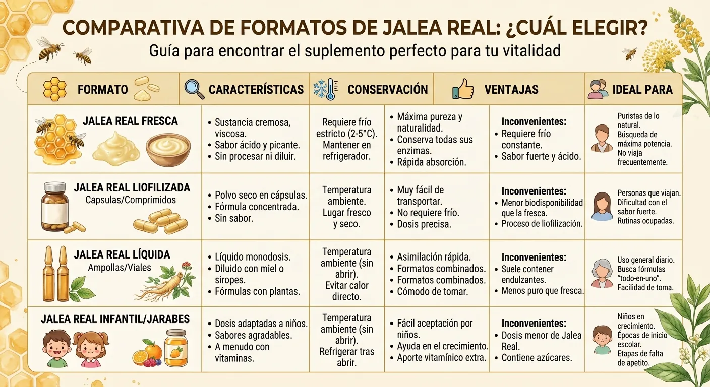 Tabla comparativa de formatos de jalea Real