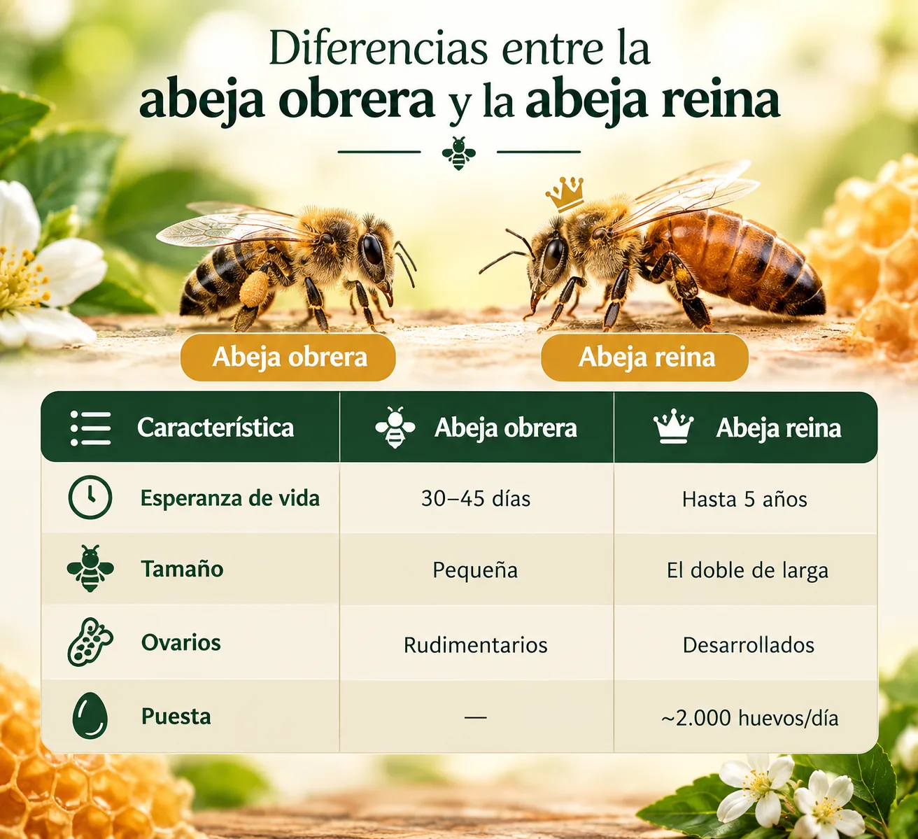 Tabla de las diferencias entre la abeja obrera y la abeja reina
