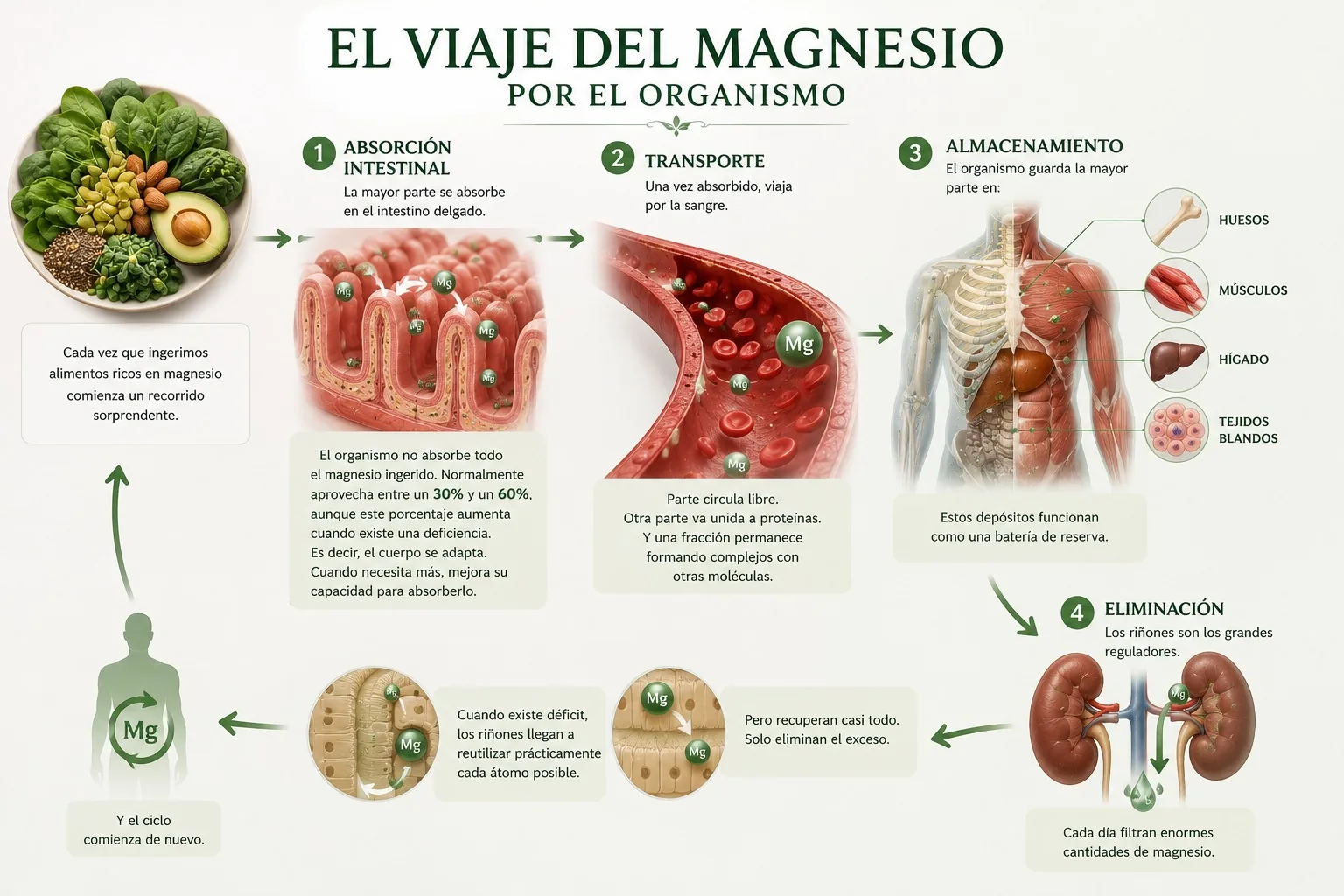 Ilustración que muestra el ciclo de del magnesio en nuestro cuerpo